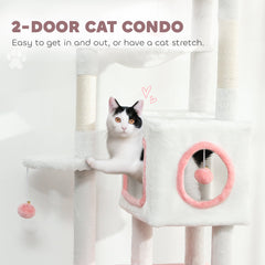 65 Inch Cat Tree with 2 Doors Condos, Plush Top Perch, Hammock, Sisal Scratching Posts, 4 Pompoms, Ramp, Grey