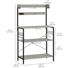 Kitchen Baker's Rack with Power Outlet, Coffee Bar Station with Adjustable Shelves and Hooks, Distressed Grey