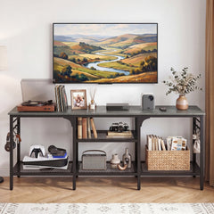 TV Stand for TVs up to 65 Inch with 3-Tier Open Shelves and 4 Hooks-Oak & Black