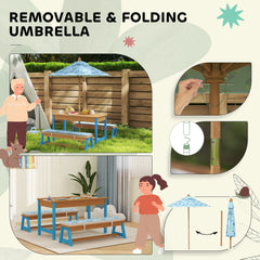 Kids Picnic Table and Bench Set with Removable Umbrella, Cushions & Boxes, Dinosaur Theme for Outdoor, Blue