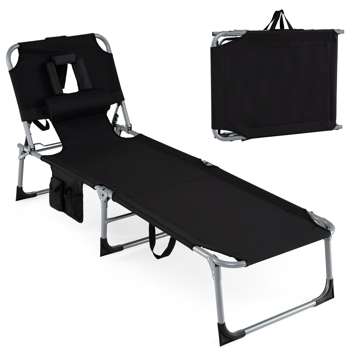 Folding Tanning Chair with 8 Lounging Positions and Face Hole, Black