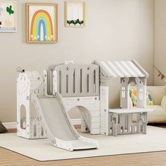7-in-1 Toddler Slide, Kids Slide Climber Playset with Playhouse and Basketball Hoop for 1-4 Years, Grey