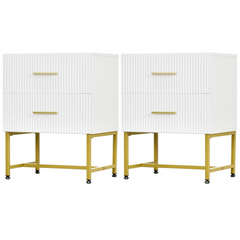2 Pieces Nightstands with Storage, Modern Bedside Tables with 2 Fluted Drawers and Gold Legs for Bedroom, Black