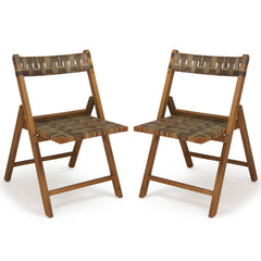 Teak Folding Chairs Set of 2 with Hand-Woven Rattan and Contoured Back