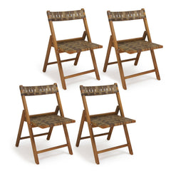 Teak Folding Chairs Set of 2 with Hand-Woven Rattan and Contoured Back
