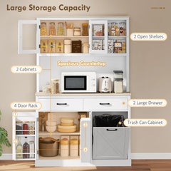 69" Kitchen Pantry Cabinet with Charging Station Kitchen Cabinet with Microwave Stand 7 Gallon Trash Can Cabinet Black