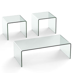 Tempered Glass Coffee Table Set of 3 with 1 Clear Coffee Table and 2 End Tables