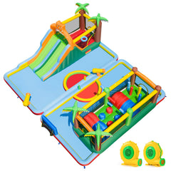Tropical Two Unit Inflatable Water Park with Obstacle Course, Dual Slides and Two Blowers