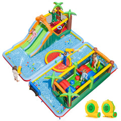 Tropical Two Unit Inflatable Water Park with Obstacle Course, Dual Slides and Two Blowers