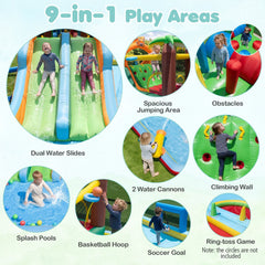 Tropical Two Unit Inflatable Water Park with Obstacle Course, Dual Slides and Two Blowers