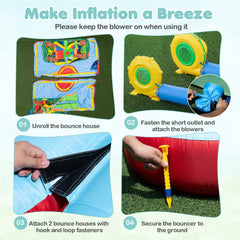 Tropical Two Unit Inflatable Water Park with Obstacle Course, Dual Slides and Two Blowers
