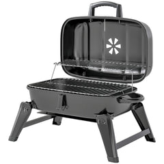 Charcoal BBQ Grill, Foldable Barbecue Grill with Warming Rack, Adjustable Vent, Thermometer, Handles, Black