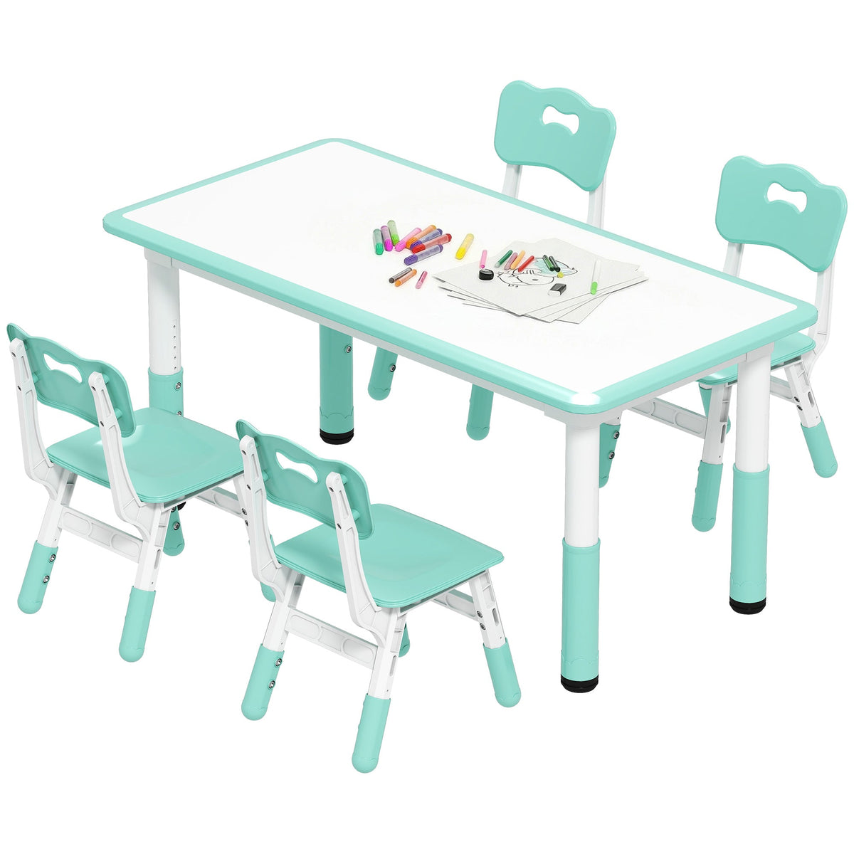 Kids Table and Chair Set with 4 Chairs, Adjustable Height, Easy to Clean, for 1.5 - 8 Years Old, Green