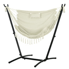 Patio Hammock Chair with Stand, Outdoor Hammock Swing Hanging Lounge Chair with Side Pocket and Headrest, Cream