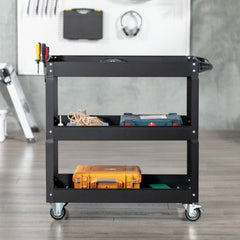3 Tier Rolling Tool Cart with Wheels, 330 LBS Capacity Heavy Duty Utility Cart, Mobile Service Cart for Garage, Black