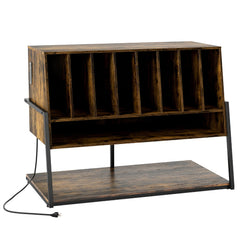 Turntable Stand with Charging Station and Vinyl Storage Shelves-Rustic Brown
