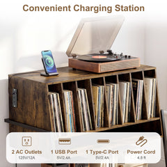 Turntable Stand with Charging Station and Vinyl Storage Shelves-Rustic Brown