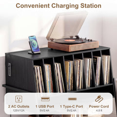 Turntable Stand with Charging Station and Vinyl Storage Shelves-Black