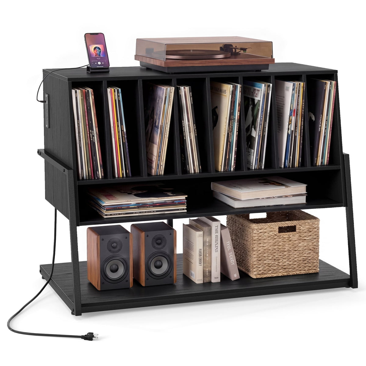 Turntable Stand with Charging Station and Vinyl Storage Shelves-Black