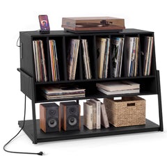Turntable Stand with Charging Station and Vinyl Storage Shelves-Black