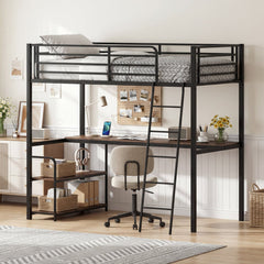 Twin Loft Bed with Desk and Shelves for Kids and Adults-Rustic Brown