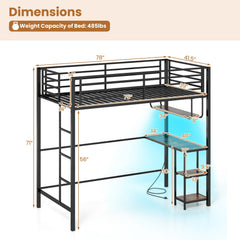 Twin Loft Bed with Desk LED Lights Charging Station Heavy-duty Metal Bed Frame with Guardrail-Black