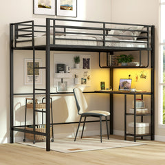 Twin Loft Bed with Desk LED Lights Charging Station Heavy-duty Metal Bed Frame with Guardrail-Black