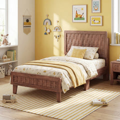 Twin Wood Platform Bed with Woven Pattern Headboard and Footboard