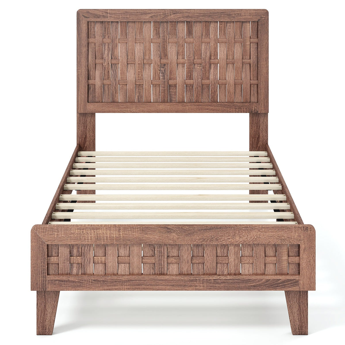 Twin Wood Platform Bed with Woven Pattern Headboard and Footboard