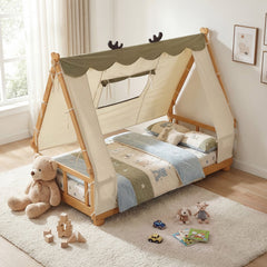 Twin House Floor Bed with Removable Velvet Tent and Antler Frame, Natural Wood