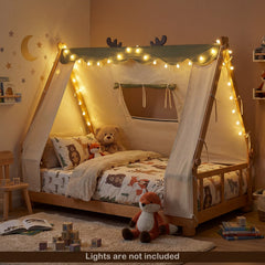 Twin House Floor Bed with Removable Velvet Tent and Antler Frame, Natural Wood