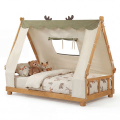 Twin House Floor Bed with Removable Velvet Tent and Antler Frame, Natural Wood