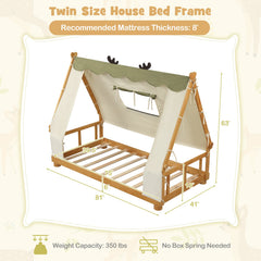 Twin House Floor Bed with Removable Velvet Tent and Antler Frame, Natural Wood