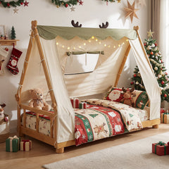 Twin House Floor Bed with Removable Velvet Tent and Antler Frame, Natural Wood