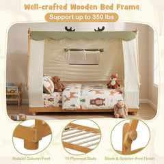 Twin House Floor Bed with Removable Velvet Tent and Antler Frame, Natural Wood