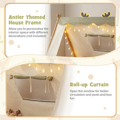 Twin House Floor Bed with Removable Velvet Tent and Antler Frame, Natural Wood