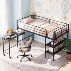 Twin Size Loft Bed with Rolling Desk and Bookshelf Platform Bed Frame-Black