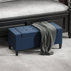 Storage Ottoman Bench, Linen Upholstered Bench with Tufted Design, Dark Blue