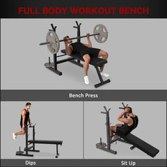 Adjustable Weight Bench, Foldable Bench Press with Barbell Rack and Dip Station for Home Gym, Strength Training Multiuse Workout Bench, Black