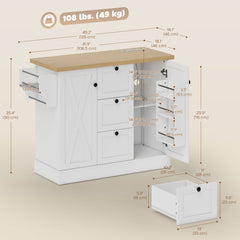 Farmhouse Kitchen Island Cart with Power Outlet and Soft-Close Doors, 49" Kitchen Island with 3 Drawers, Black