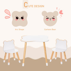 Kids Wooden Table and 2 Chairs Set, 3-Piece Dining Table with Bear Shape and Rounded Corners for 1-4 Years, White