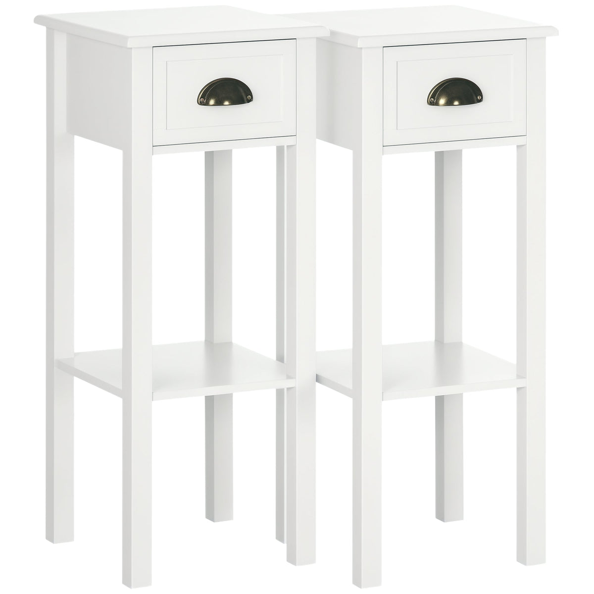 2 Tier Side Table, Set of 2, Narrow Tall End Table with Drawer and Shelf, Slim Wooden Nightstand for Living Room, Bedroom, Hallway, White
