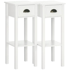 2 Tier Side Table, Set of 2, Narrow Tall End Table with Drawer and Shelf, Slim Wooden Nightstand for Living Room, Bedroom, Hallway, White