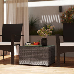 24.4" Patio Wicker Coffee Table, PE Rattan Outdoor Side Table with Tempered Glass Top, Black