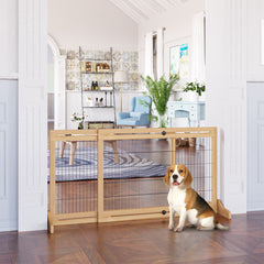 41"-71" Wooden Freestanding Pet Gate with Support Feet, for Small Medium Dogs, Grey-Blue