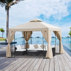 10' x 10' Patio Gazebo Outdoor, Canopy Shelter with Double-tier Roof, Pavilion Sidewalls for Garden Events, Brown