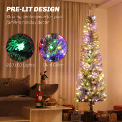 6ft Prelit Pencil Artificial Christmas Tree, Flocked Xmas Tree with Remote, Dual Colour LEDs, 429 Tips, Metal Stand