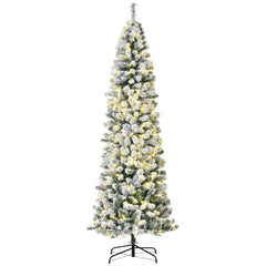 6ft Prelit Artificial Pencil Christmas Tree, Snow Flocked Slim Xmas Tree with Warm White LED Lights - Green