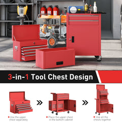 Large Tool Cabinet, 3-in-1 Rolling Tool Chest, Detachable Tool Storage Organizer with 6 Drawers and Pegboard, Black