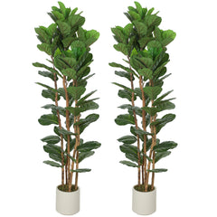 6FT Artificial Fiddle Leaf Fig Tree Set of 2, Fake Potted Tree with Solid Wood Trunks for Indoor Decor, Green